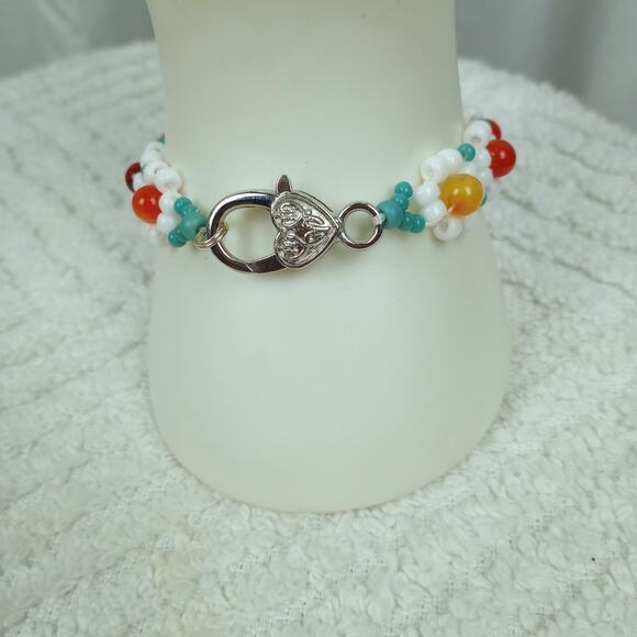 HANDMADE  Orange Banded Agate Daisy Chain Bracelet  6 1/2'' ArtToWear Cottage - Picture 3 of 4